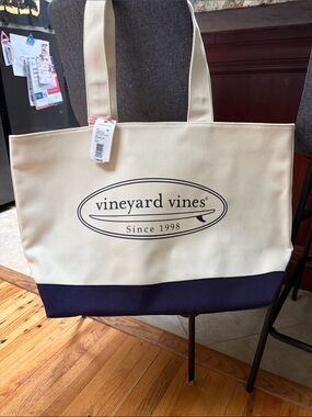 Vineyard Vines Cream and Navy Large Canvas Logo Tote